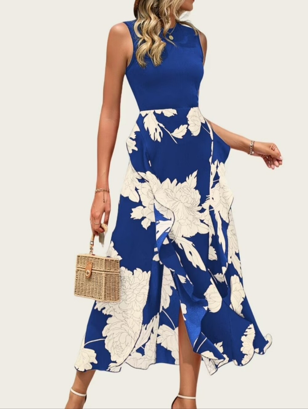 BTFBM Casual Boho Midi Dress, Sleeveless, Floral, Ruffle, Cocktail Party, XL 🔵